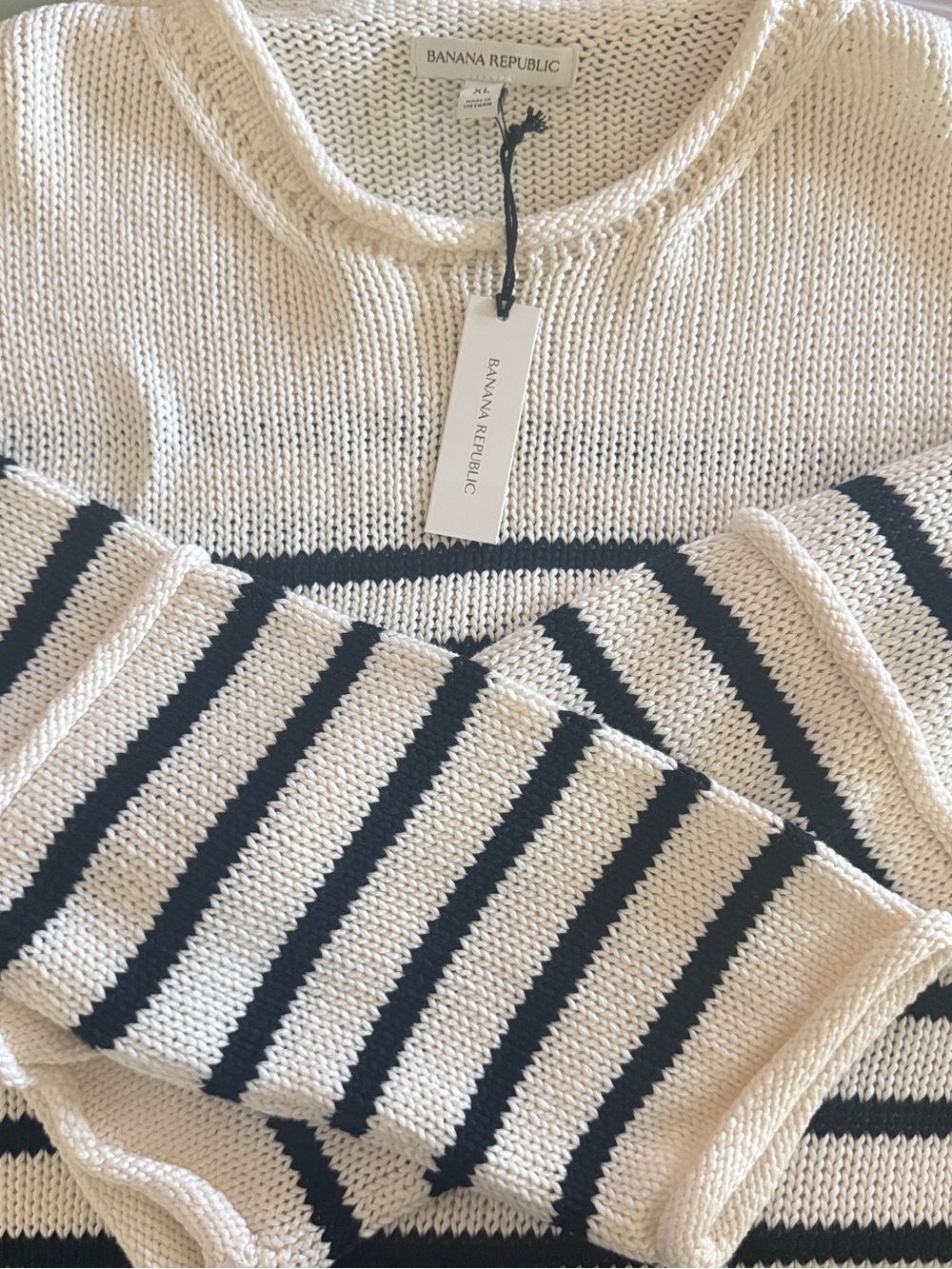 NWT Banana Republic Cotton Roll Neck Striped Sweater Ivory Navy XL